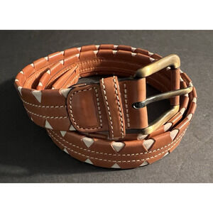 Tommy Bahama Leather Belt Woven Stitched Tan & Ivory Brass Buckle M